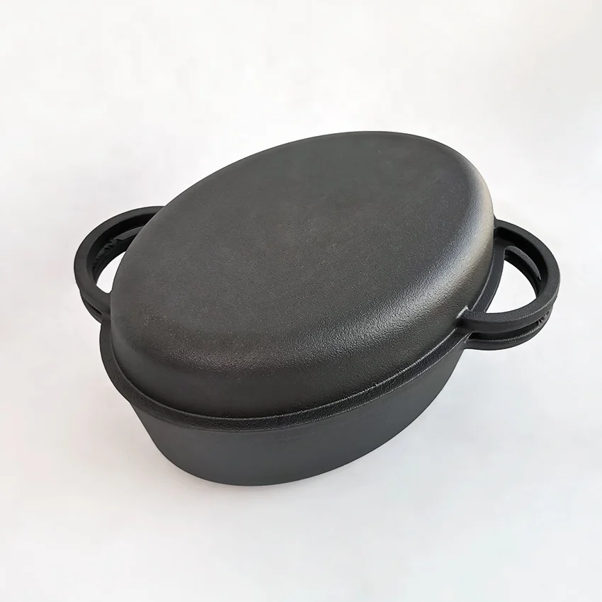 Custom Made Heavy Duty Bread Dutch Oven Cast Iron Oval Roaster Pot 2 in 1 Black