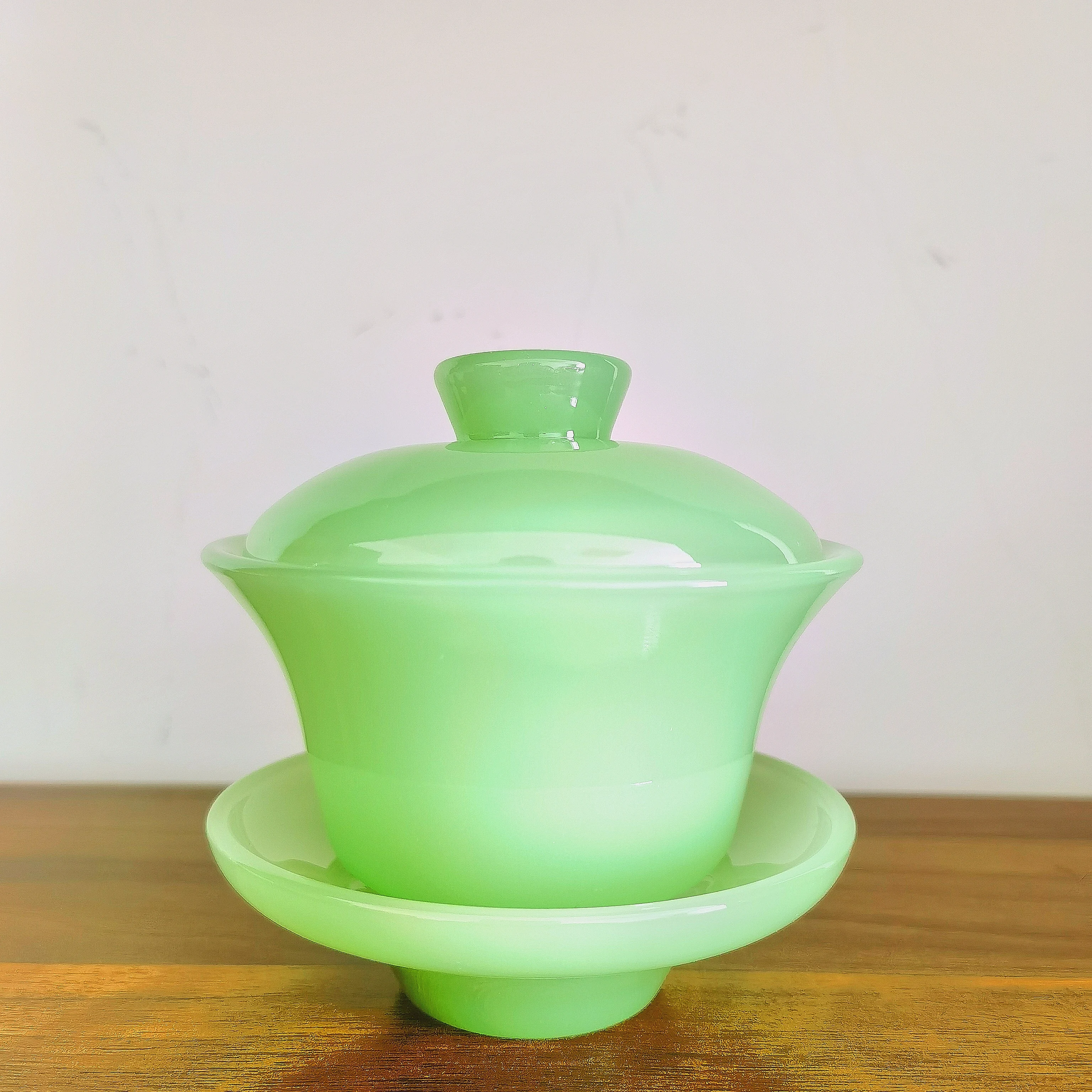 custom logo dishwasher safe green white jade opal tea glass cup with saucer set glass coffee cup