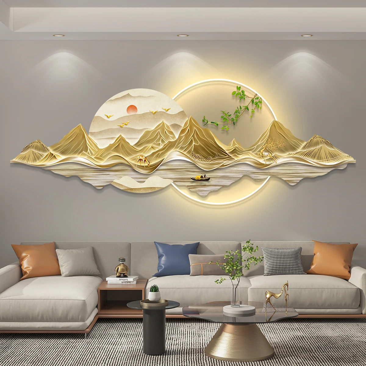 Wholesale of modern luxury landscape LED paintings  acrylic gold wall art and home decoration paintings for living room