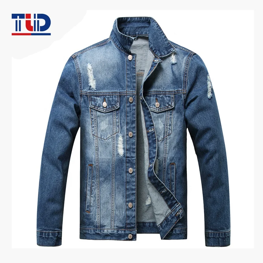 Trendy Fashion Washed Classic Casual Blue Slim Fit Ripped Trucker Jean Coat Mens Distressed Denim Jacket