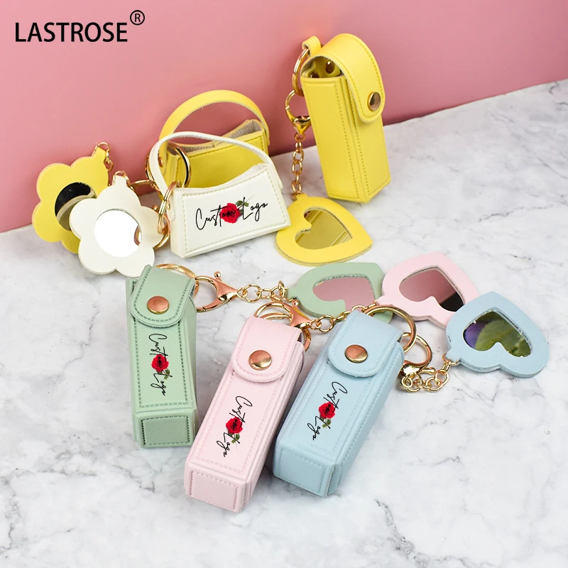 new arrival Lipstick Organizer Keychain Leather Lipstick Case with Mirror Portable Lip Gloss Bag for Women