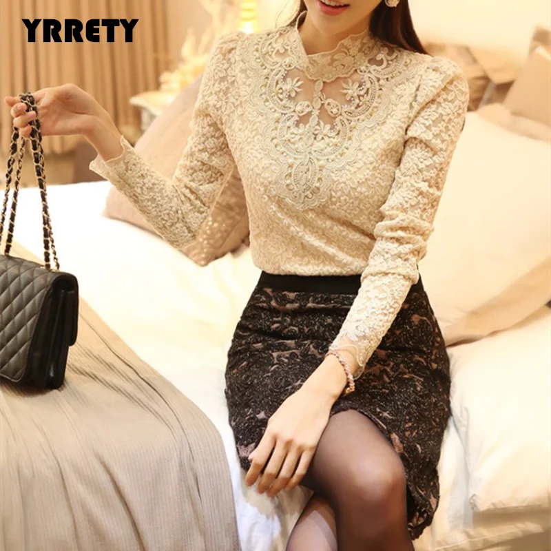 
YRRETY Ladies Casual Plus Size Lace Crochet Fashion Women Spring Autumn Tops Long Sleeve Shirts Female Blouse S-3XL 