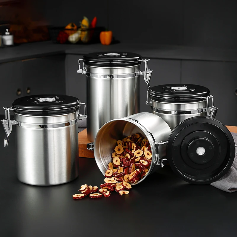 1L 1.4L 1.8L Black Coffee Storage Airtight Canister Stainless Steel Food Storage Container With Date Tracker