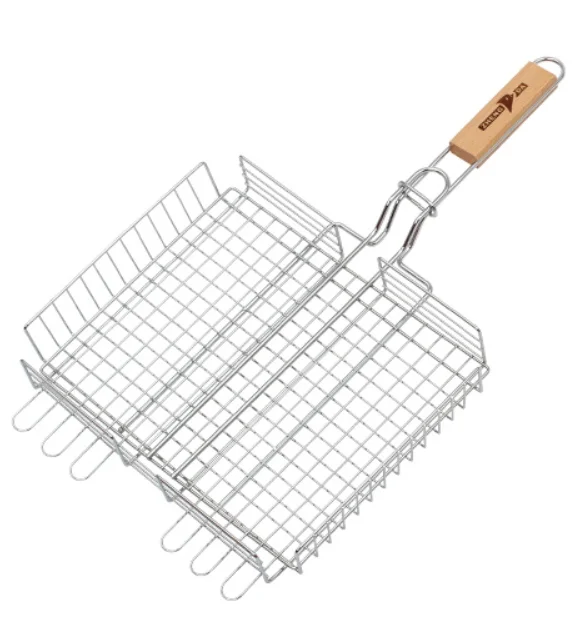 Amazon Hot Selling BBQ Grilling Basket Outdoor Kabob Grill Net with Wood Handle Barbecue Accessories