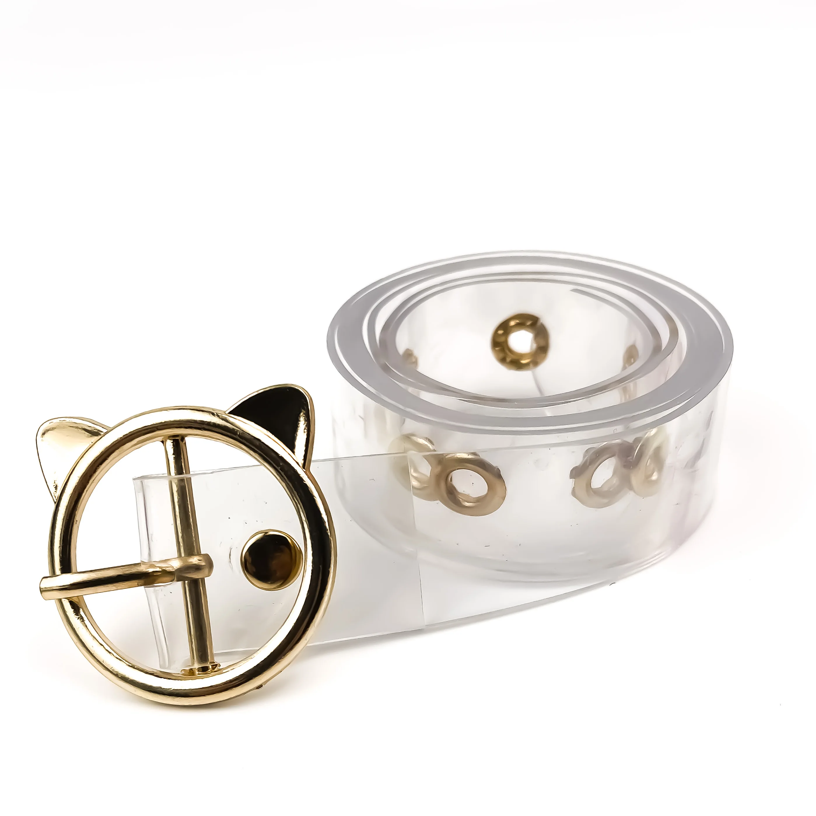 Women Transparent Belt Iridescent Single Grommet Waist Belt PVC Holographic Belt with Round Cat Buckle for Jeans Pants Dresses