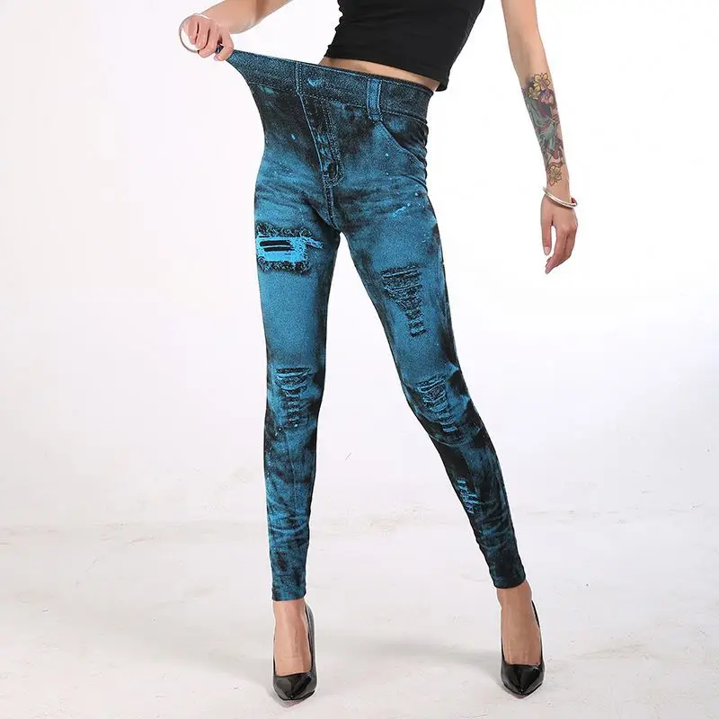 Wholesale Fashion New Women Girls fake ripped printed High Elastic Leggings Slim ladies Pants Clothes Casual