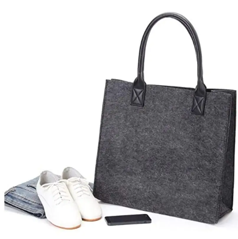 Wholesale printed wool felt bags custom logo dark grey felt tote bag felt shopping bag