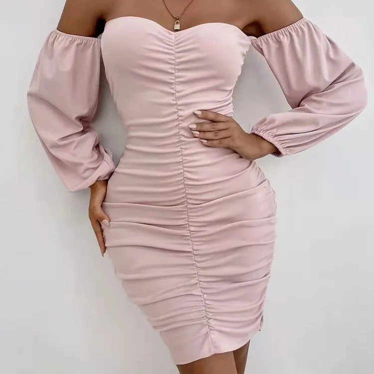 High Quality Women Party Club Dresses Ruched Off Shoulder Lantern Sleeve Bodycon Dress