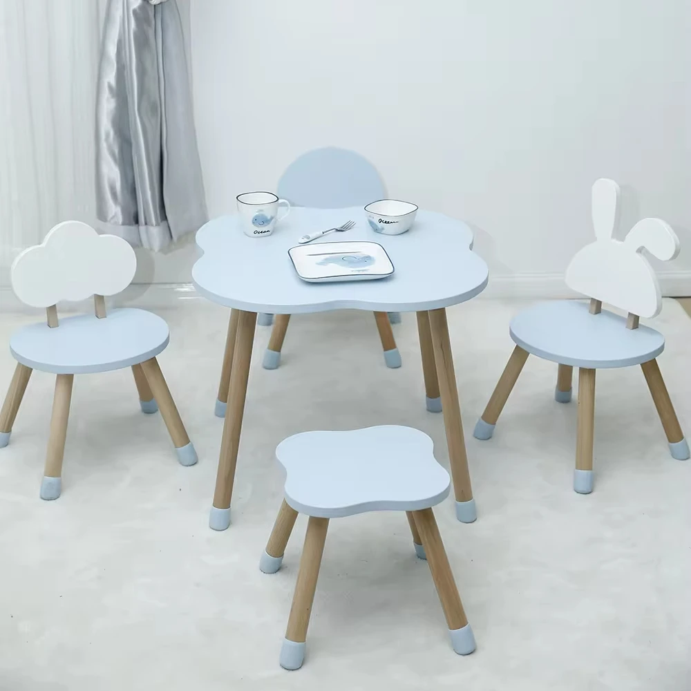 Kids Bedroom Furniture Four-Leaf Clover Shape Children Garden Furniture Kids Study Table and 4 Chair Children Library Furniture