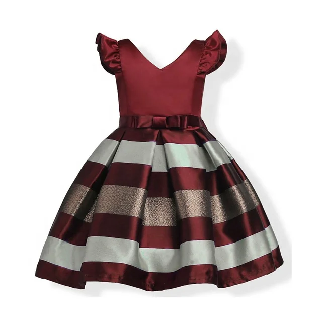 Western Children Flare Sleeve Lace Fashion Stripe Flowers Casual Girls Dresses Wedding