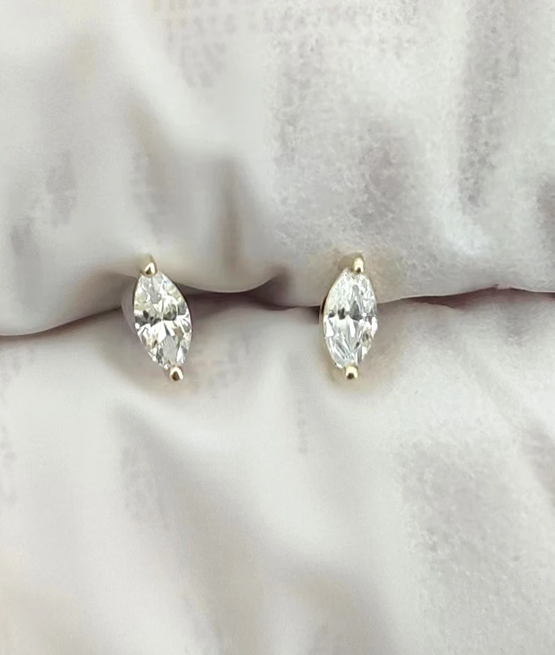 Calendo Lab Diamond 14k Solid   Gold Marquise  Threadless  End With Stainless Steel Pin Earlobe End Piercing Earring Top