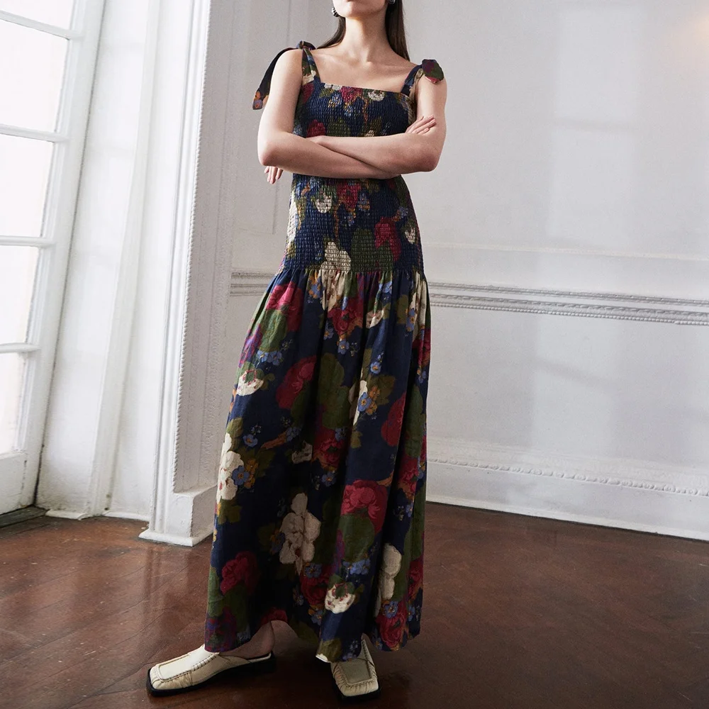 2023 Women Linen Dress Summer High quality clothing Square collar Linen floral maxi dress lace up waist loose casual dresses