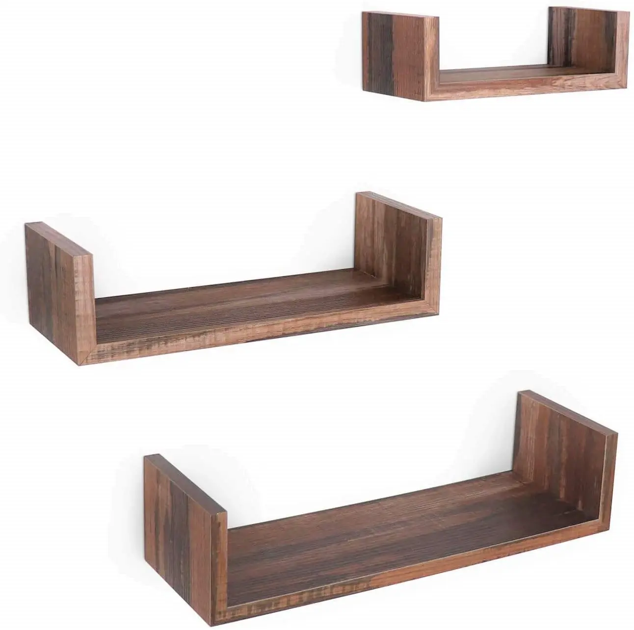 
U Shaped Floating Wall Shelves - Rustic MDF with PVC Wall Mounted Display Rack | Multi-Purpose Hanging Shelves Set of 3 