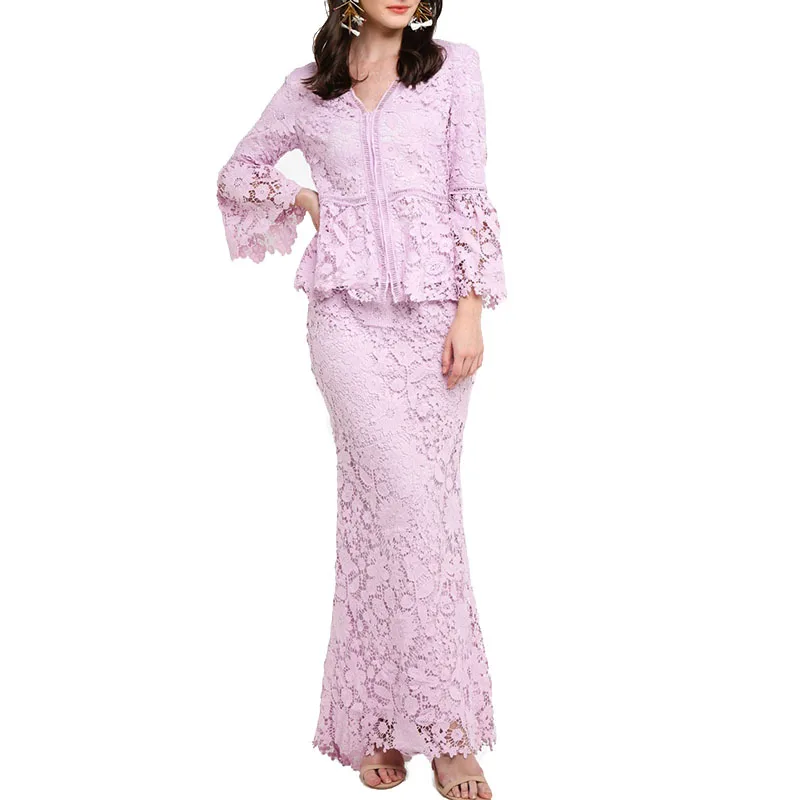 O Neck Flare Long Sleeves Lace Hollow Out Kebaya Modern Baju Kurung For Women