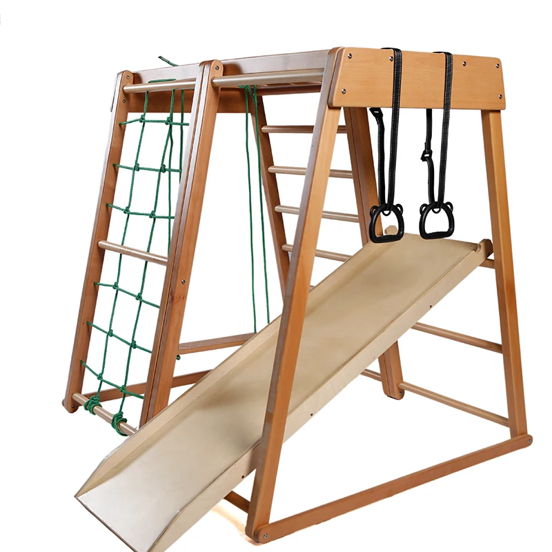Kids indoor sports physical fitness training climbing and sliding rope exploration wooden climber amusement equipment