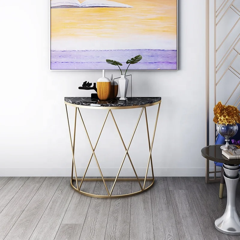 
Half Circle Round Hotel Marble Reception Table Sofa Bed Metal Side Table 