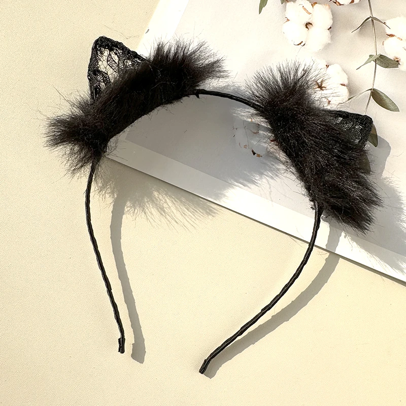 plush Black Lace Cat Ear For Women hair Hoop Halloween Girls Ear Cat Hairband  Holiday Party Favor Cosplay Woman Girls Headband