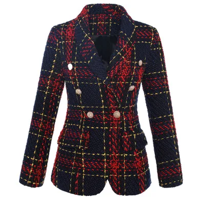 
2020 new arrivals wholesale fashion tweed plaid button embellished women blazer suit 