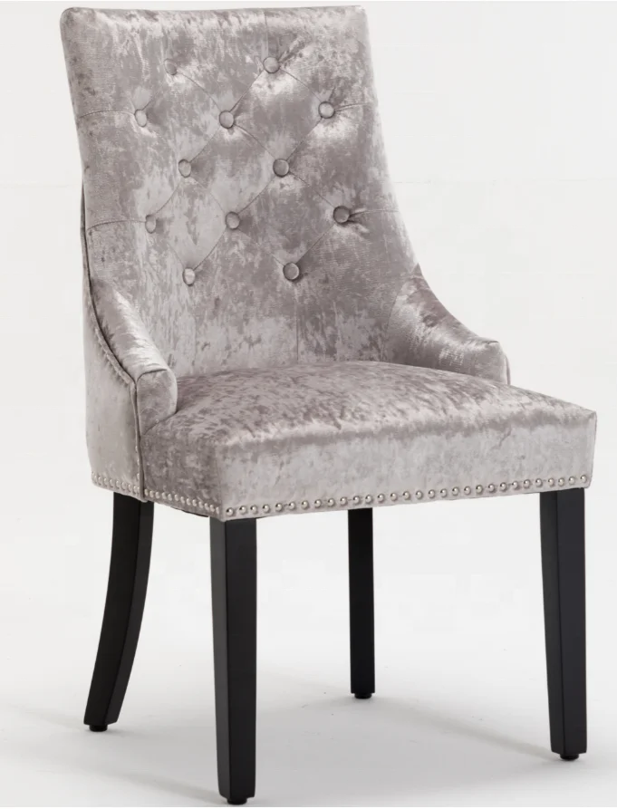 Mink color crushed velvet tufted wooden dining chair round knocker