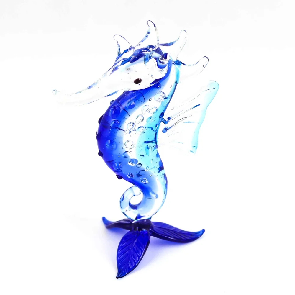 Murano Lampwork Blue and Green Art Glass Sea horse Fish Figurines