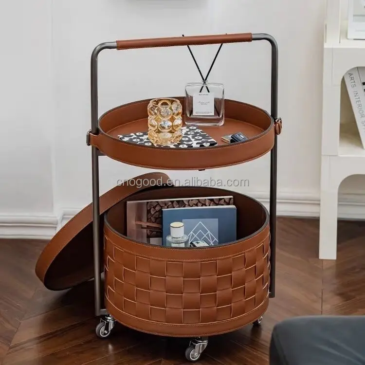 Italian Style Rolling Storage Cart Stainless Steel Saddle Leather Bedside Table Modern Luxury Can Move The Sofa Side Table