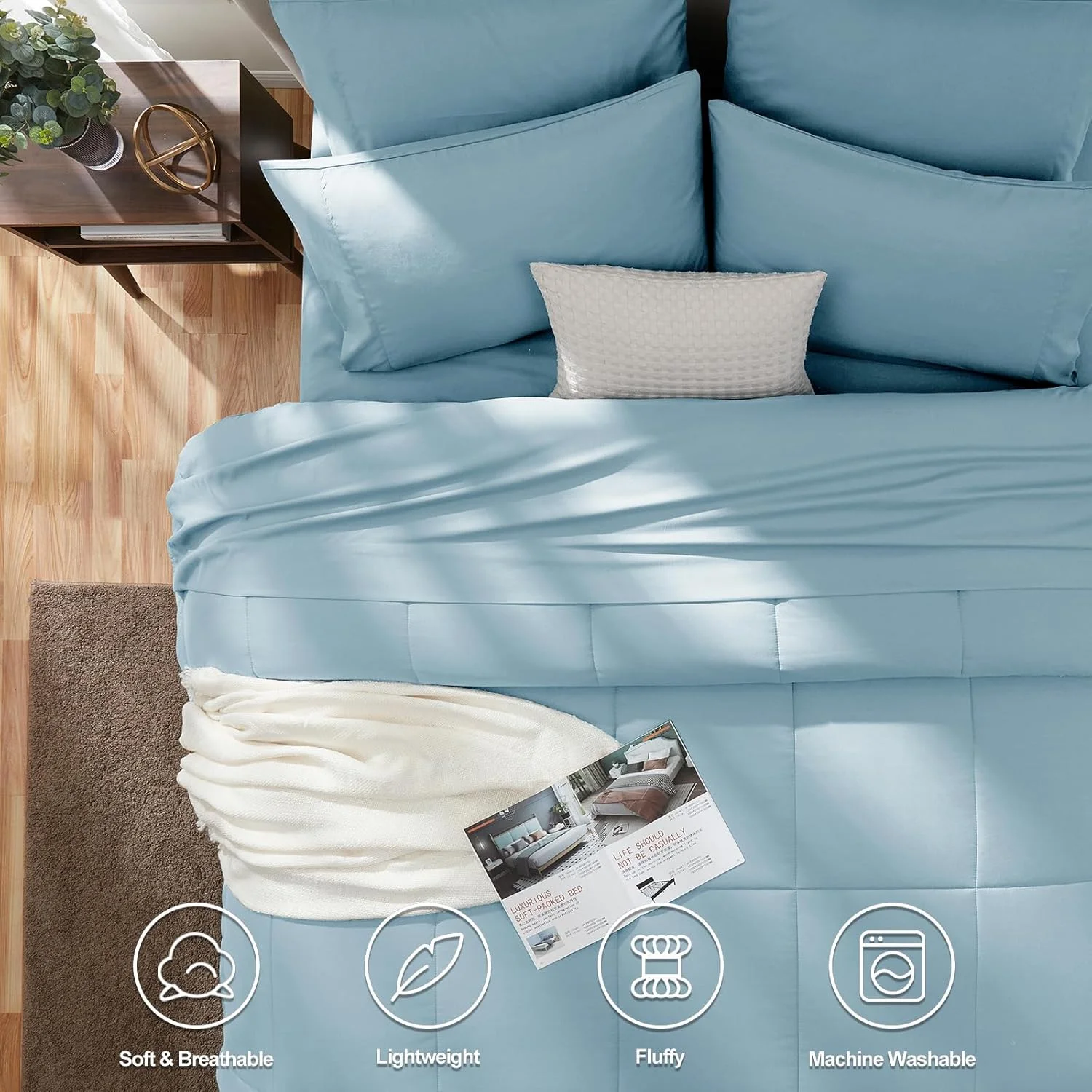 Queen Comforter Set 7 Pieces Bed in a Bag Set Black Bedding Sets Queen With All Season Quilted Comforter