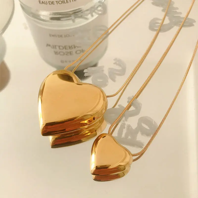 Custom Non Tarnish Free Waterproof Jewelry 18K Gold Plated Stainless Steel Snake Chain Link Big Heart Necklace collar