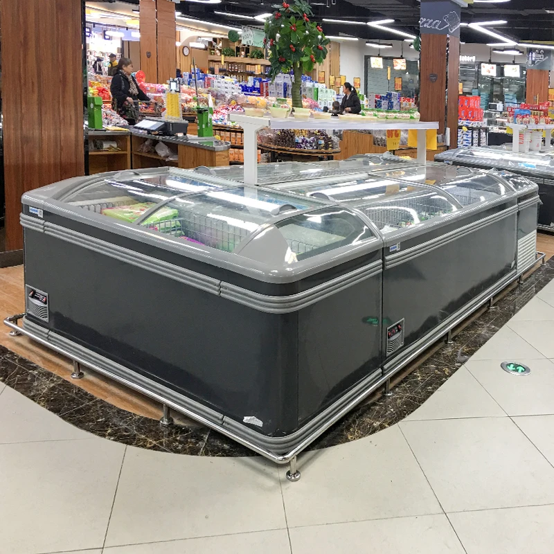 Supermarket refrigeration equipment large capacity meat display sliding glass door chest island freezer