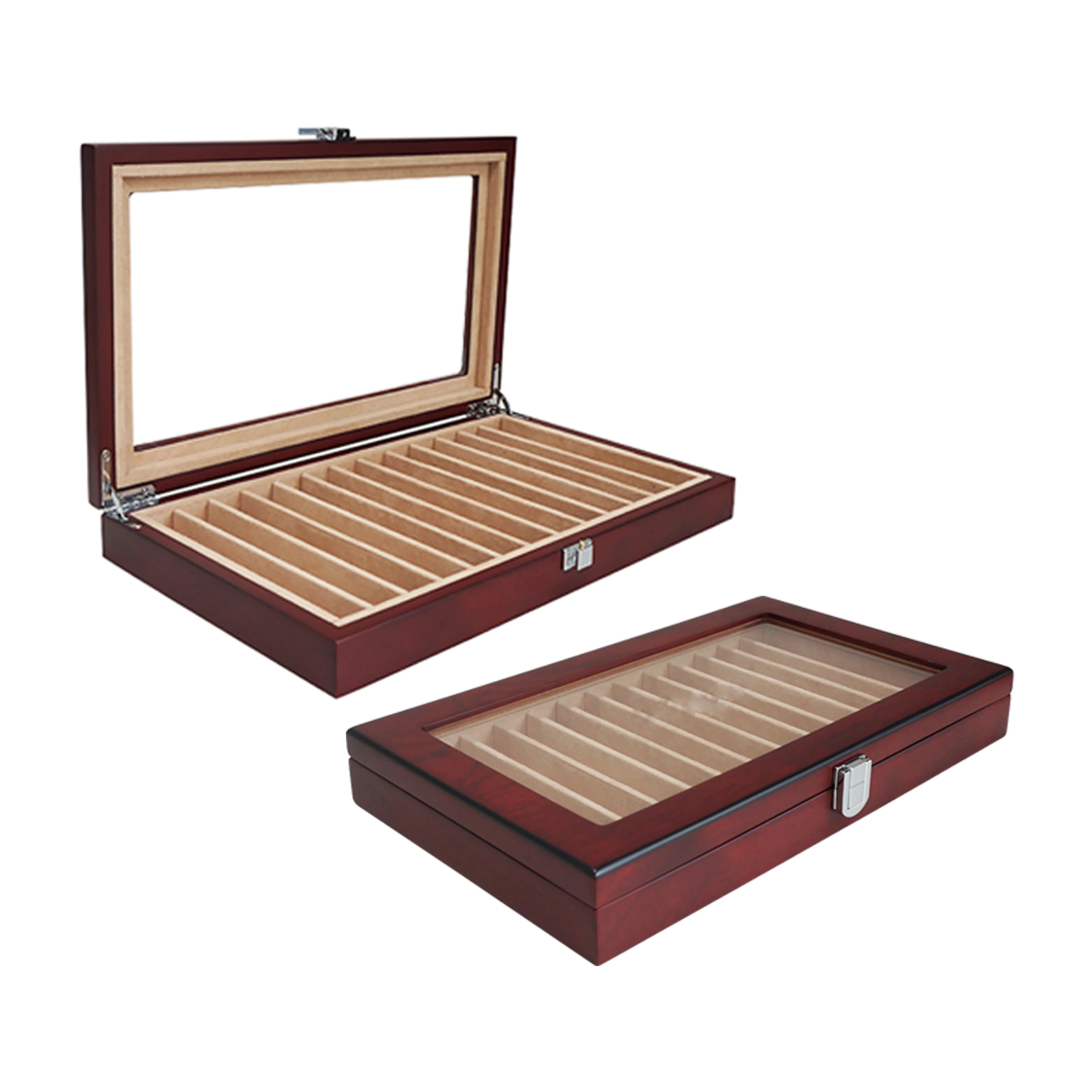 High end woodgrained wooden pen case suede interior ballpoint pen packaging wooden box for cigarette storage with acrylic window