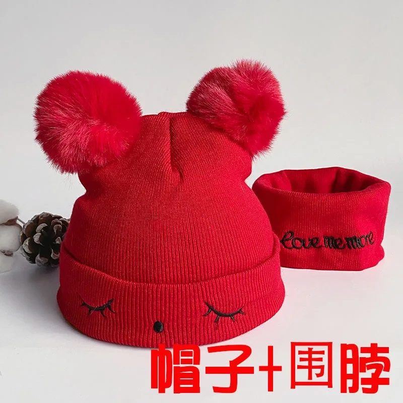 Infant Baby Boys Girls Hat Winter Warm Pompom Beanie Knitted New Born Baby Cute Children Cartoon Embroidery Kid hats scarf set
