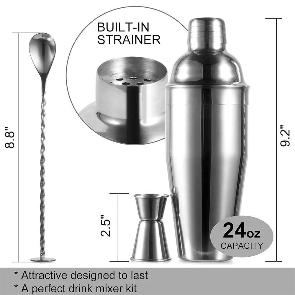 High Quality 304 Stainless Steel Martini Cocktail Shaker Set with Jigger & Mixing Spoon