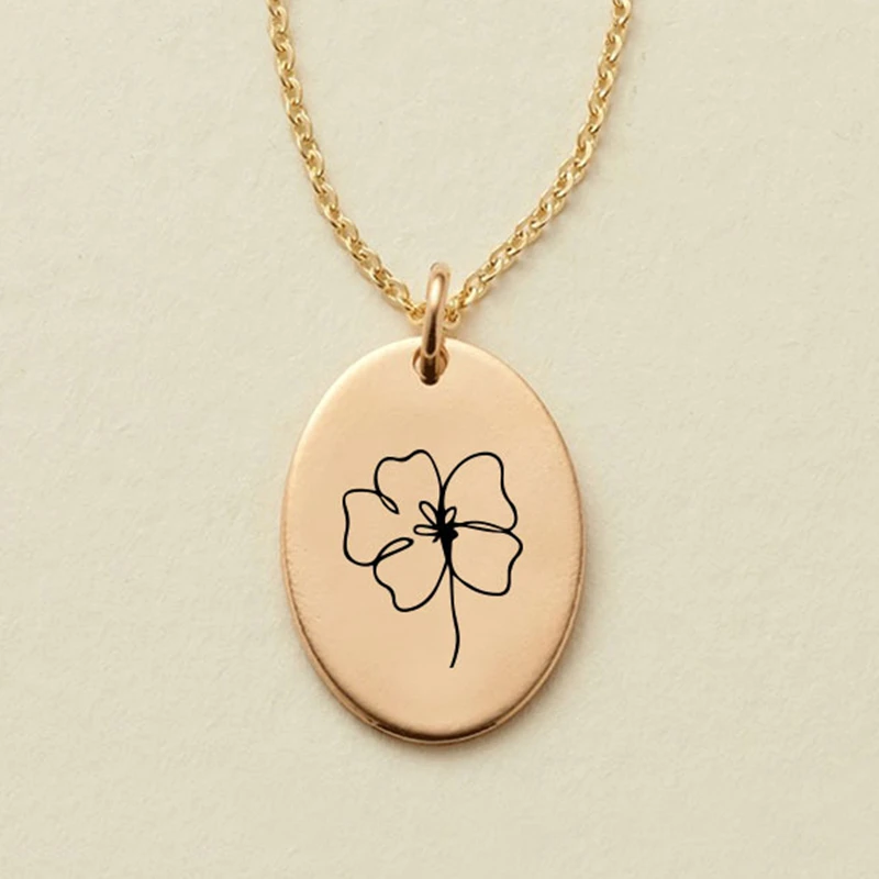 Minimalist  Personality 316L Stainless Steel 18mm*12mm  Engraved Birth Flower Oval Pendant Necklace