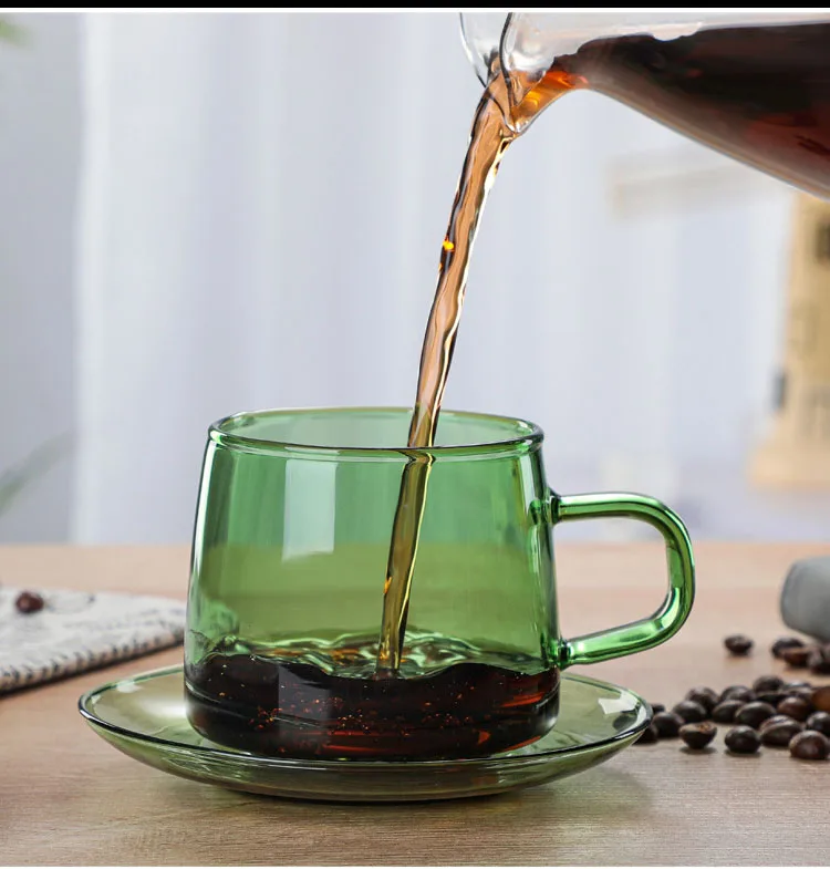 Heat Resistant Borosilicate Colored Glass Drinking Glass Coffee Mug 300ml Glass Coffee Cup  With Saucer