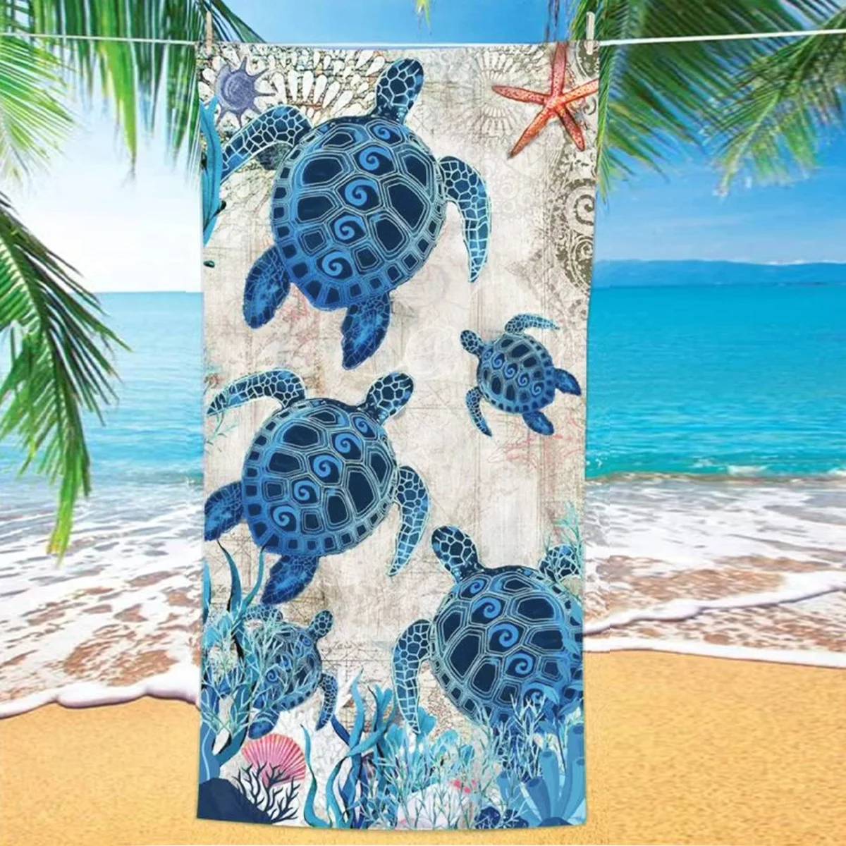 MU Unique design extra large custom print beach towel recycled turtle tropical blue colors personalised 420gsm beach towel