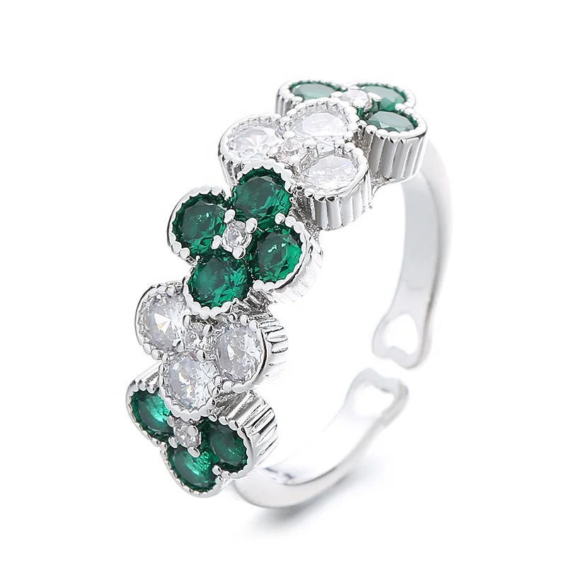 Light Luxury Crystal Silver Rings Micro Pave Diamond Emerald Ruby Rings For Women Party Wedding Jewelry