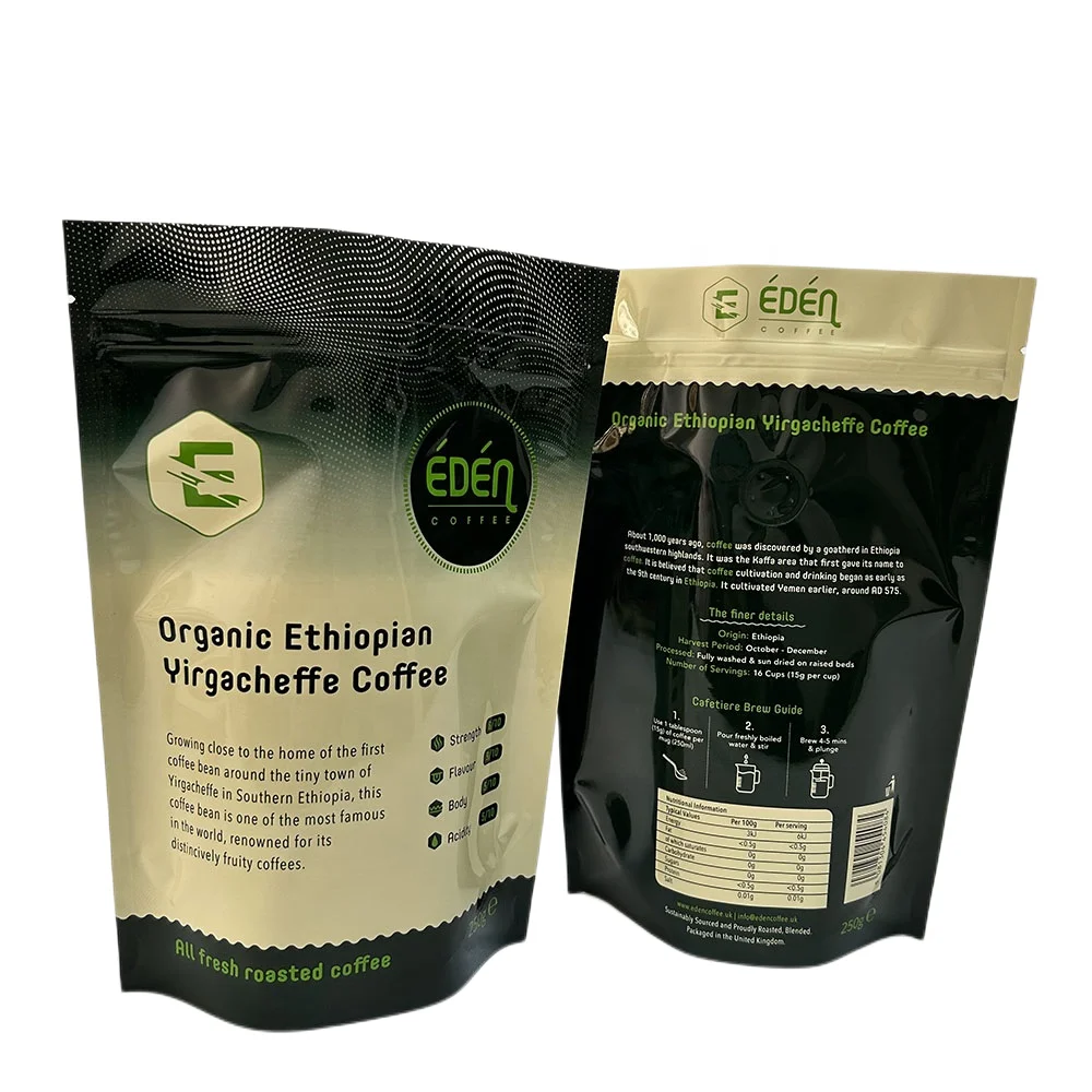Customized Four Sides Sealed Stand Up Pouches 1Kg Black Coffee Bean Packaging Bags With Degassing Valve And Zipper