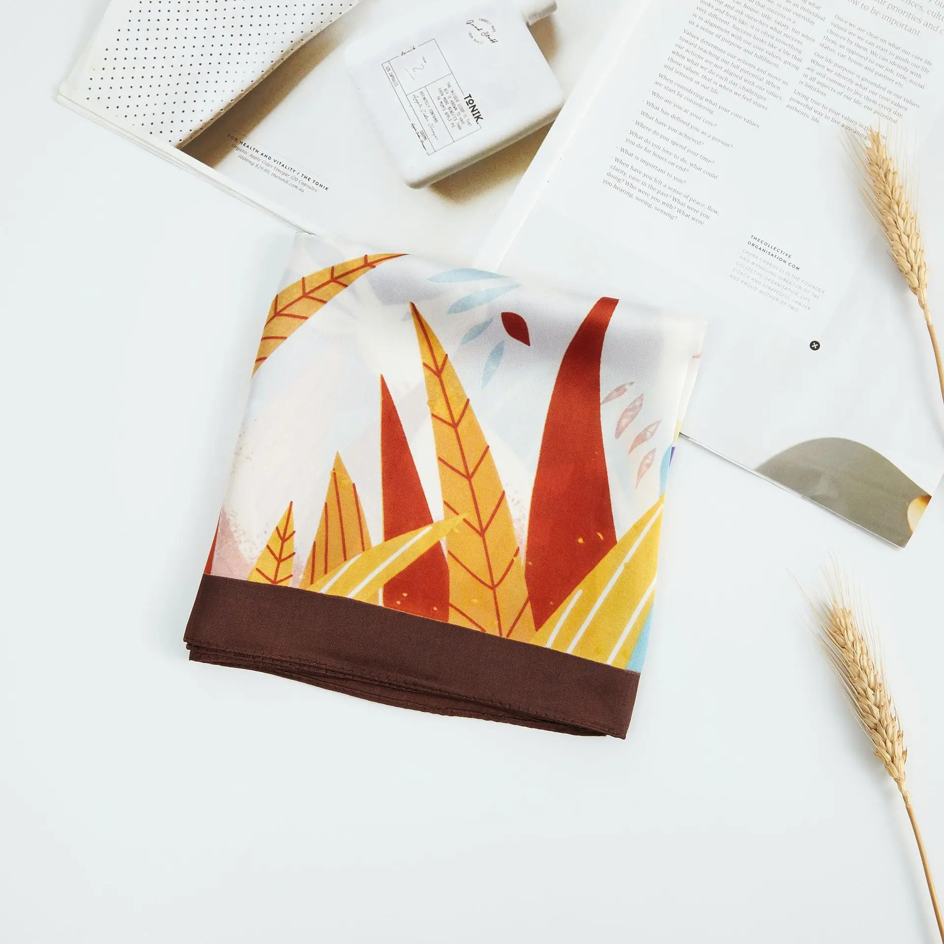 Innovation is unique autumn leaf printing design women bandana square scarf women hijab slik hair scarf