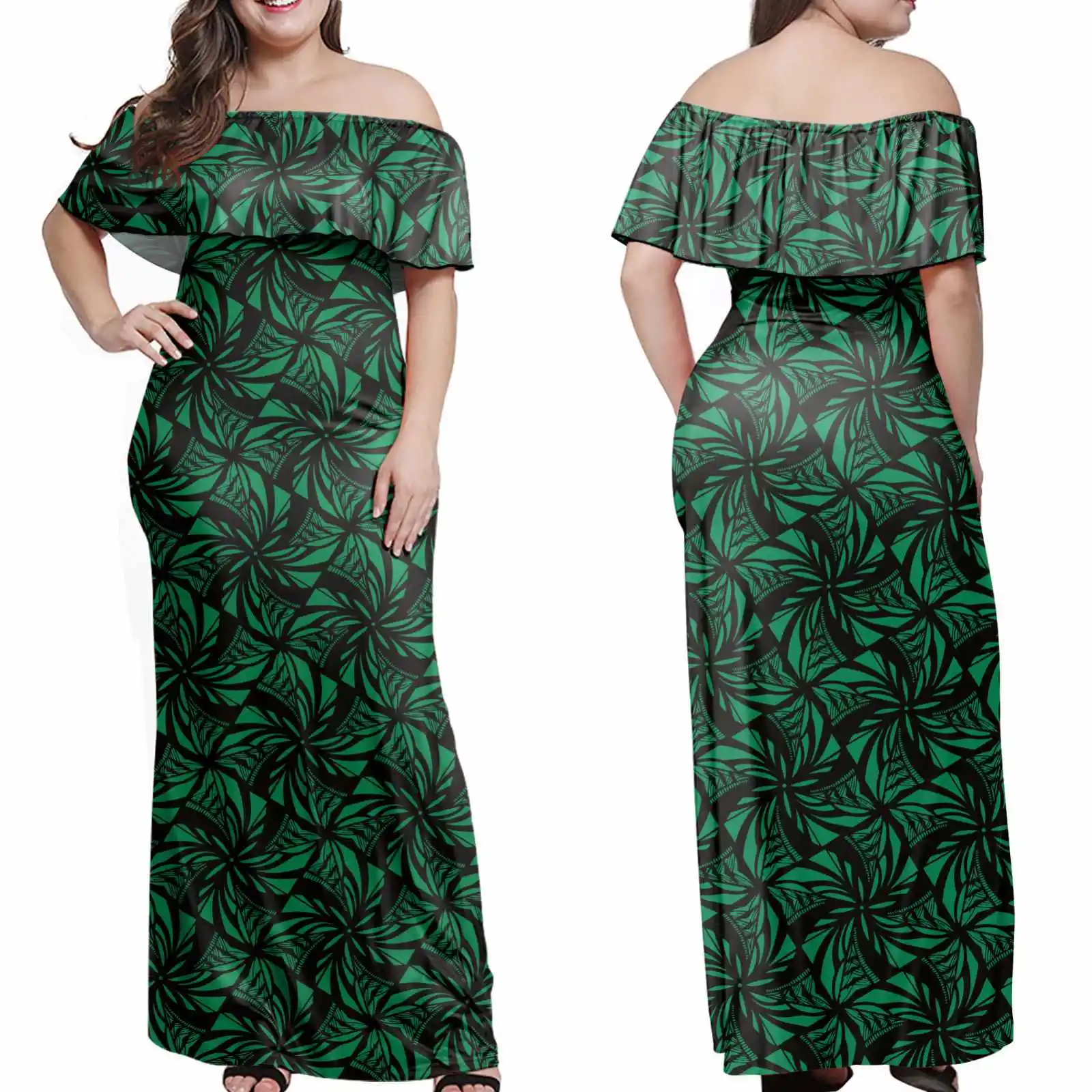 
Beautiful Summer Women Maxi Dresses Casual Polynesian Tribal Samoan Designs Ladies Off Shoulder Dress Wholesale Hawaii Dress 