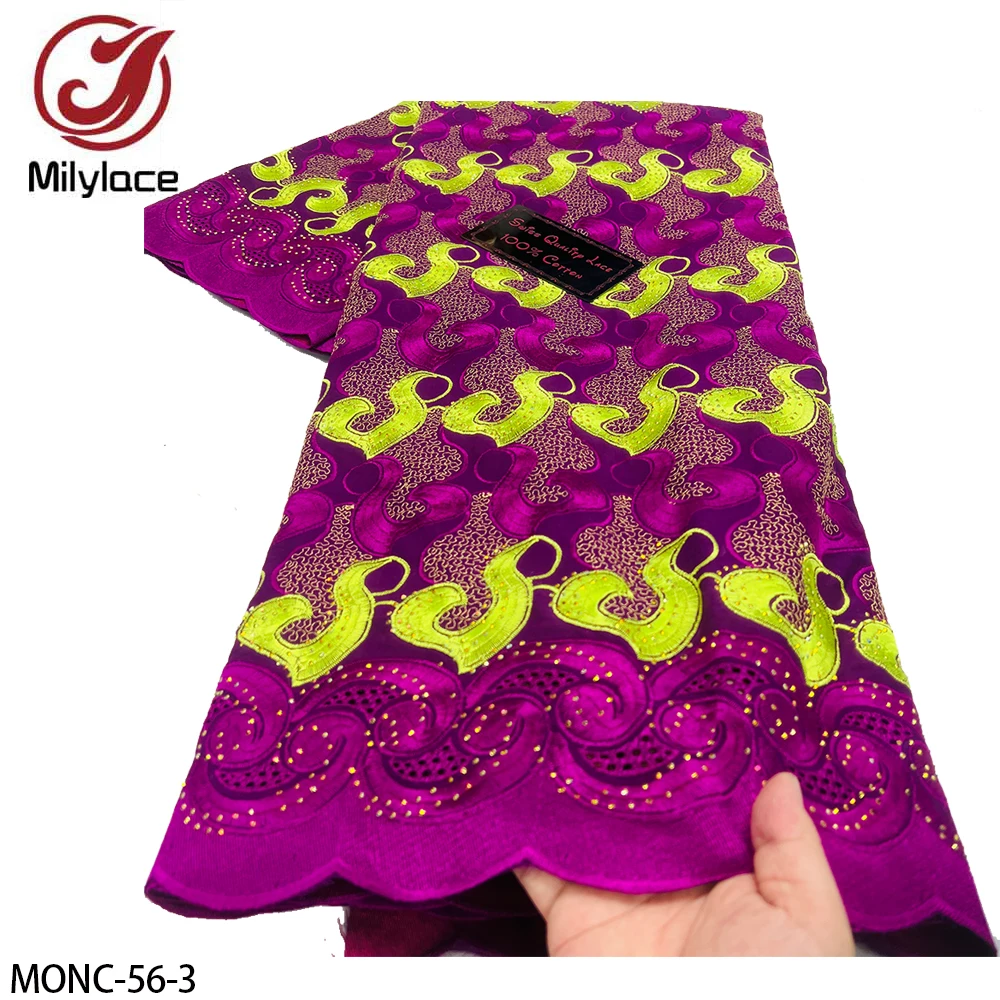 African High Quality Embroidery Flower Trim 100% Cotton Swiss Cotton Voile Lace Fabric with Stones