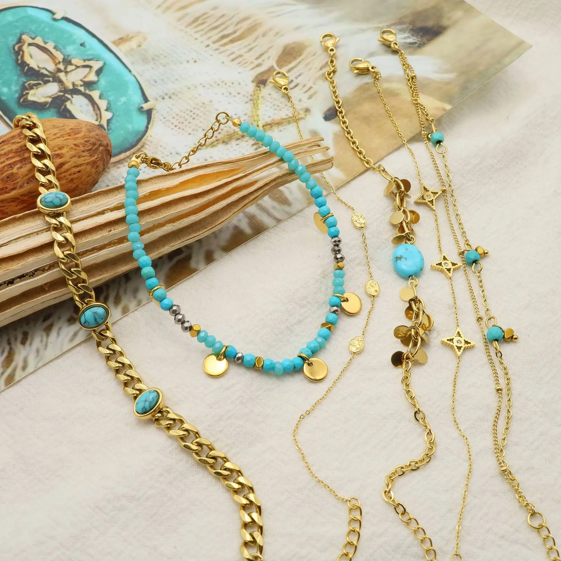 Stainless Steel Natural Stone Charm Bracelets Turquoise Pendant non fading 18 K gold versatile folding bracelet for women