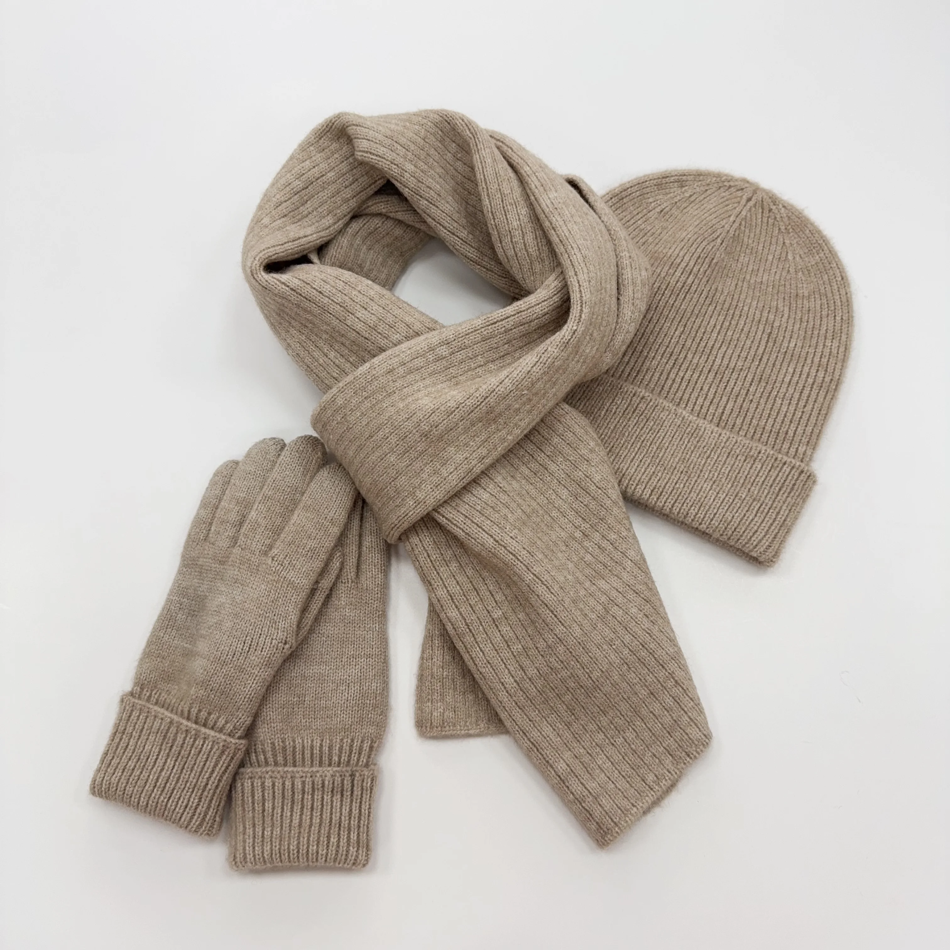 Unisex hot selling knitted flat needle ribbed scarf, hat, glove set, comfortable and versatile for various occasions