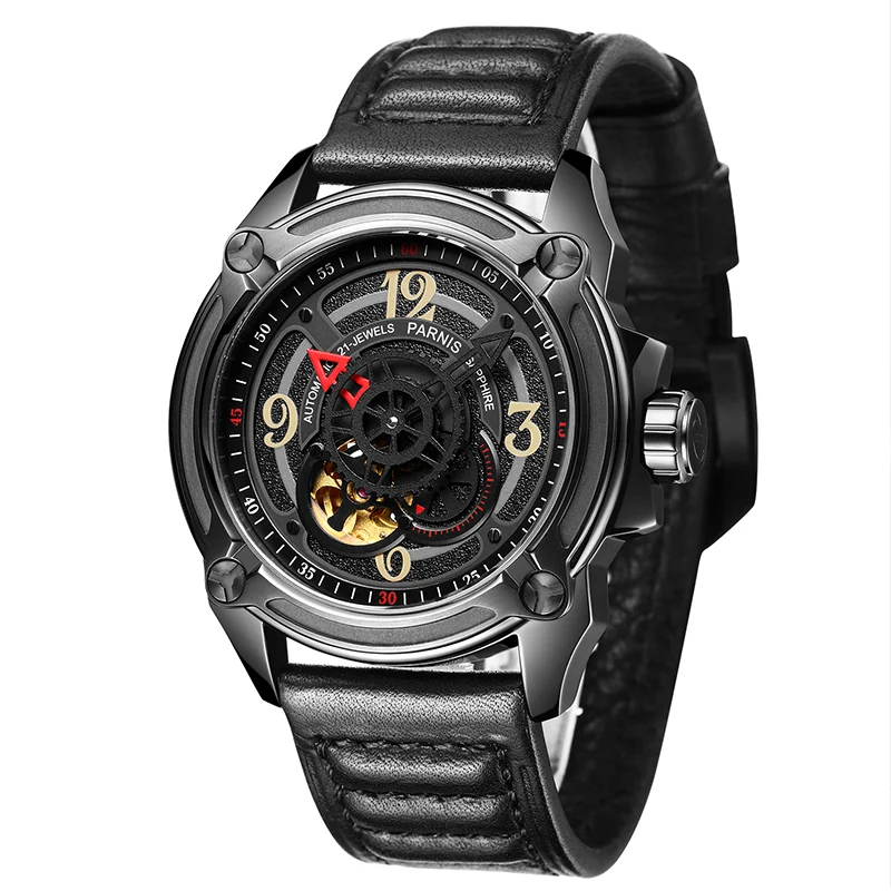 Parnis 44mm Skeleton Men Wristwatch Mechanical Watches Japan Miyota 82S5 PVD Coated Black Case Mechanic Military Pilot Watch