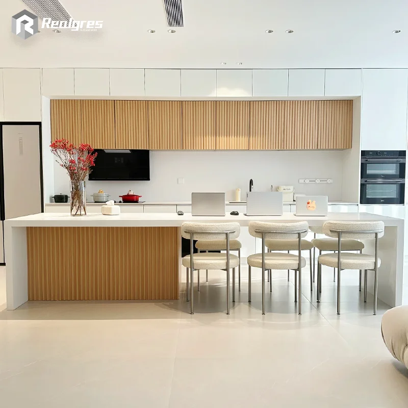 Realgres Modern Design Luxury Durable Cabinet with Grille Panel Exterior wood Grain Melamine Finish Mdf Wooden Kitchen Cabinets