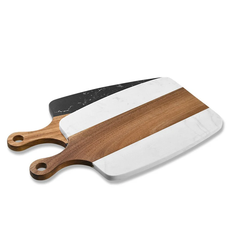 New Design Steak fruit cutting boards Premium Cheese board black square acacia wood spliced marble cutting board with handle