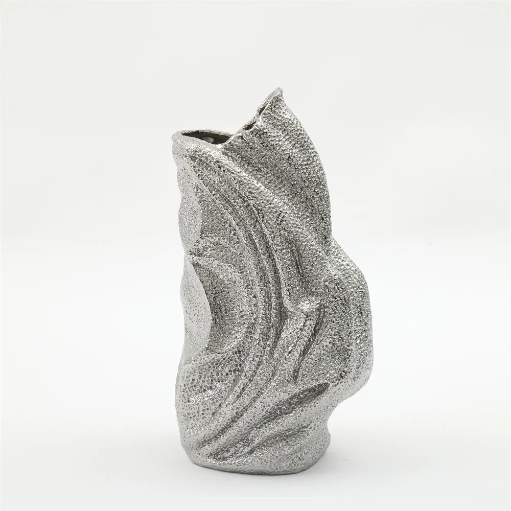 Irregular shape modern flower vase large decorative silver ceramic vase for home decoration