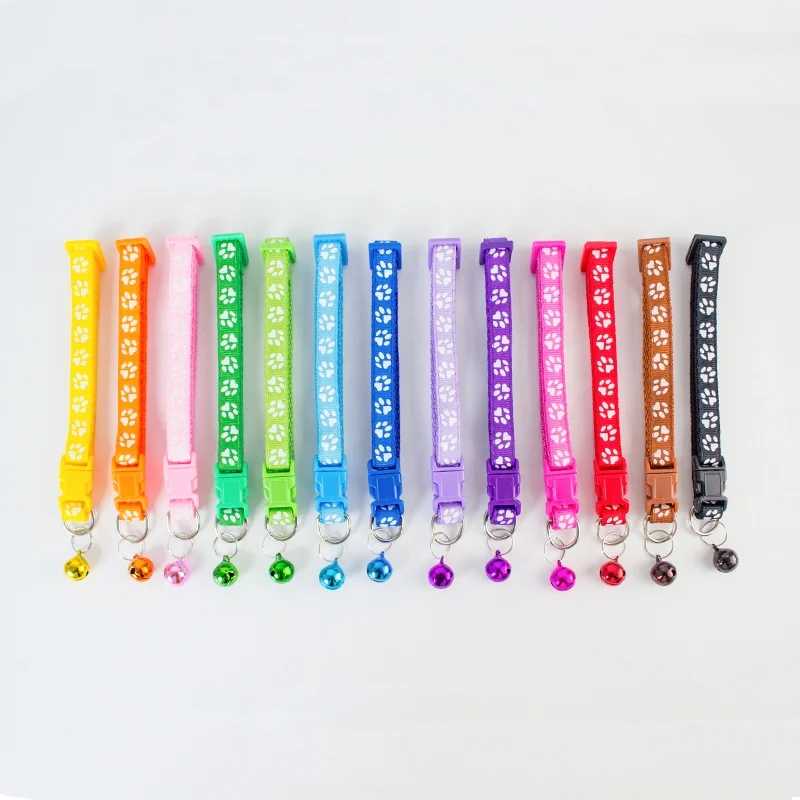 Wholesale Pet Reflective Collar Paw Print Dog Leash Collar Adjustable Nylon Cat Collar With Bell