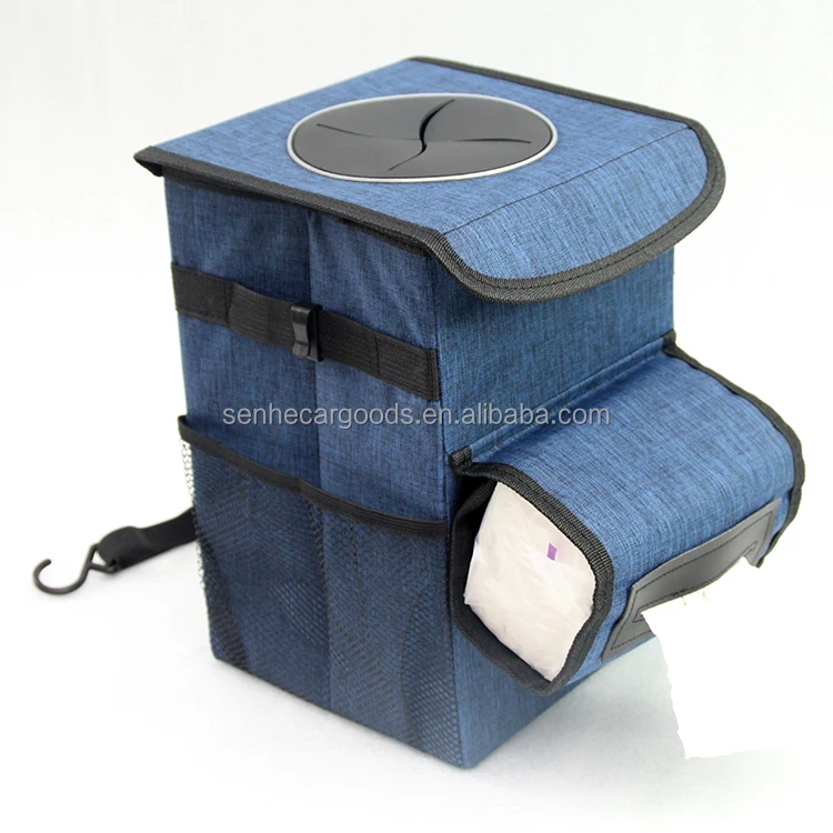 SH waterproof car trash can with lid and storage pockets auto garbage bag hanging large size leak-proof car storage bag blue