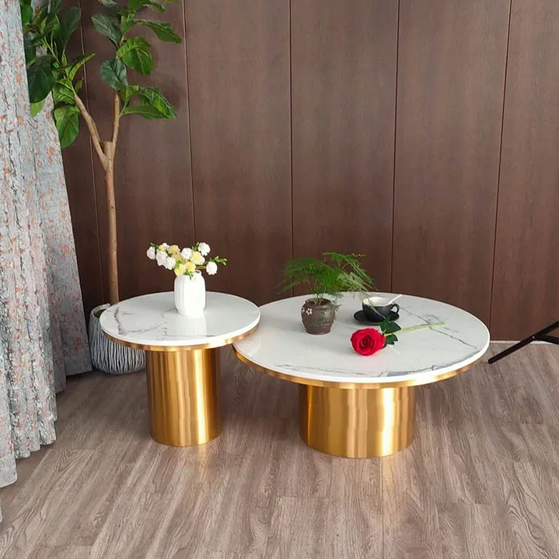 OEM Manufacture Contemporary Round Nesting Coffee Table Bent  Gold Metal Side Glass Marble Stone Coffee Table Set Nesting Table
