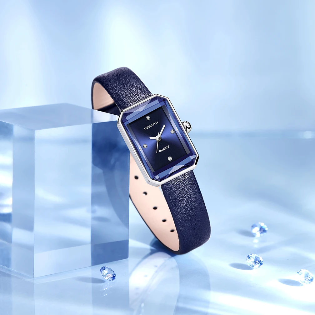 WJ-11047 REBIRTH New Fashion Simple Luxury Temperament Blue Diamond Cut Glass Mirror Women Business Leather Strap Quartz Watches