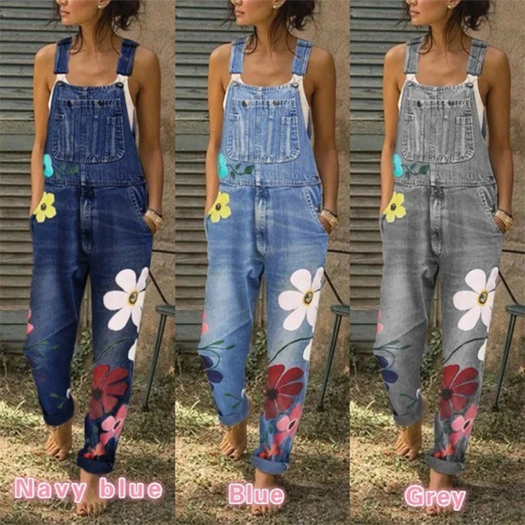 
2020 qzbaoshu Womens Floral Long Jeans Denim PocketS Ready Made Overalls Bib Pants 